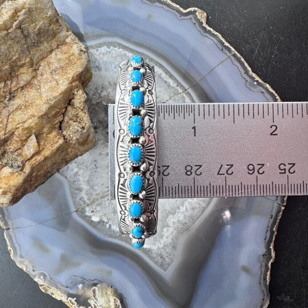 Grace Silver Sterling Single Row 9 Oval Kingman Turquoise Bracelet For Women - Picture 10 of 10